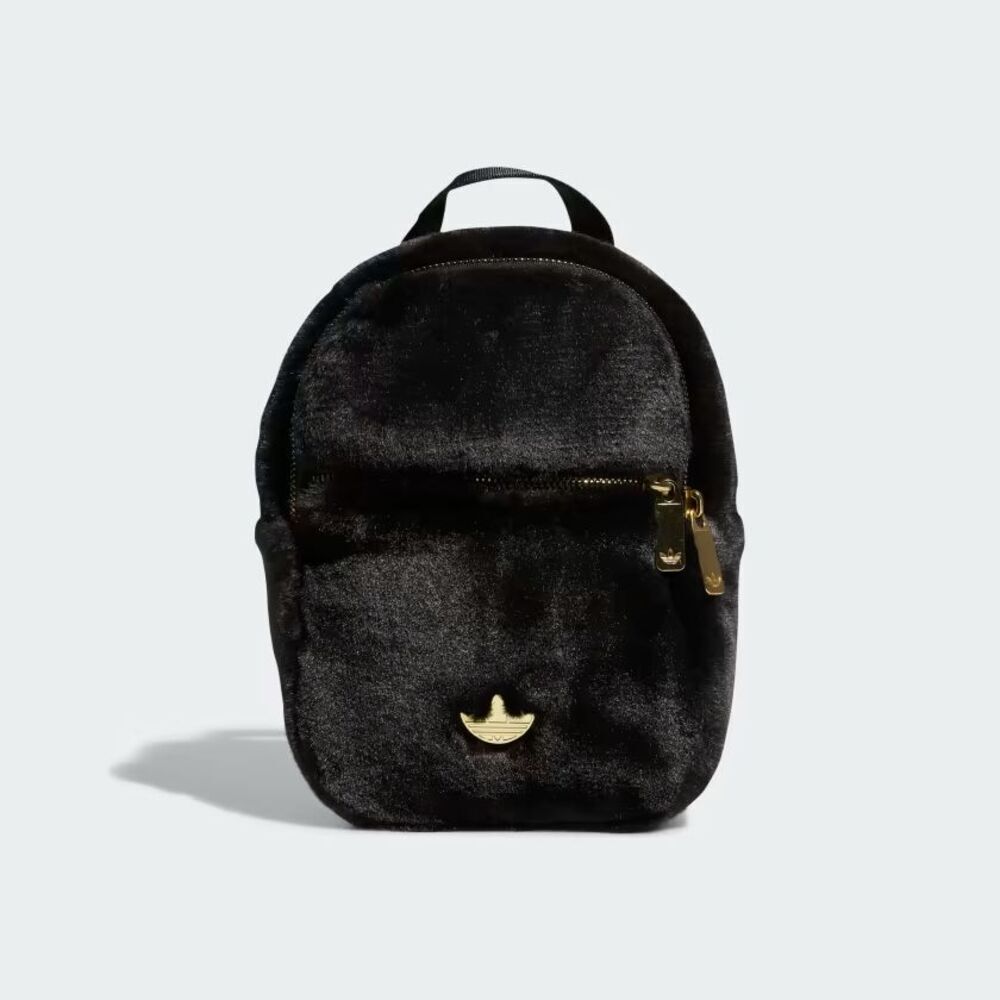 ADIDAS Black Faux Fur Adjustable Mini-Backpack Gold Trefoil Hardware - Picture 3 of 16
